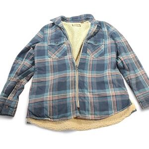 Legacy Falls Trucker Shacket Blue Pink Plaid Flannel Sherpa Lined Zip Jacket L